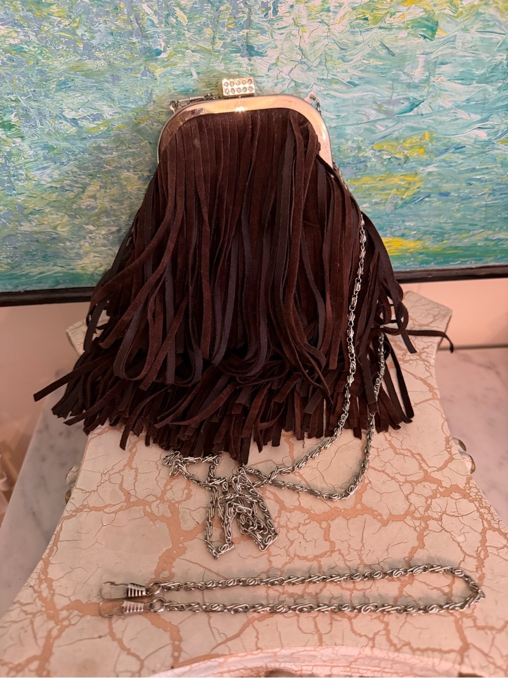 Vintage Brown Faux Suede Fringe cross/Shoulder/hand with 2 Silver Chain